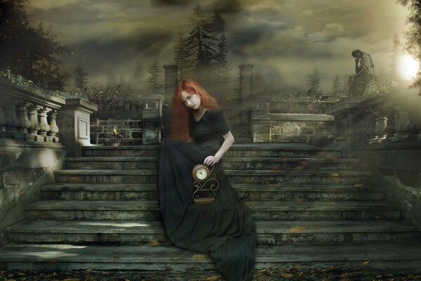 Gothic image of a girl on the stairs