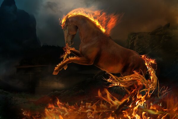 The fiery horse stood on its hind hooves