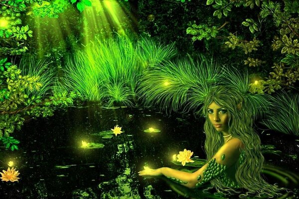 The witch bathes in the garden lake