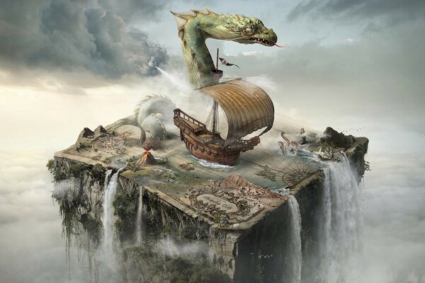 A ship on an island in a waterfall