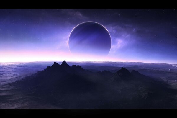 The purple planet is sinking below the horizon