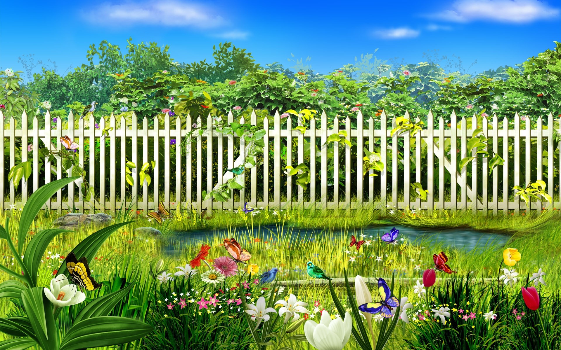 landscapes grass garden nature flower summer flora leaf lawn outdoors landscape fence growth sky park rural tree field flowers plants colors background