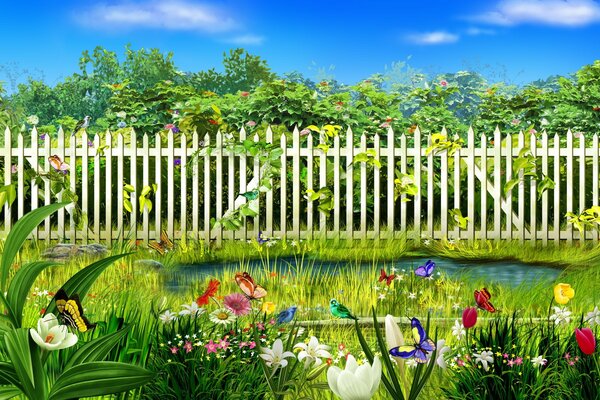 Flower garden behind the fence near the garden