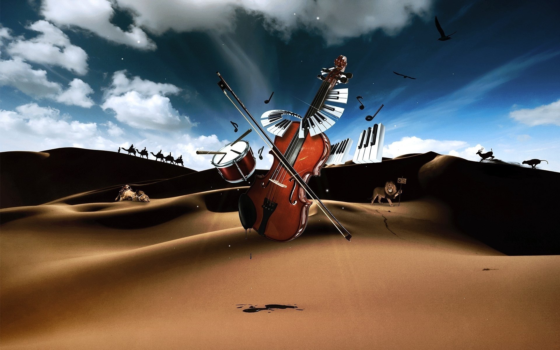 photo manipulation vehicle aircraft airplane one travel transportation system sunset lion camels music instruments fantasy