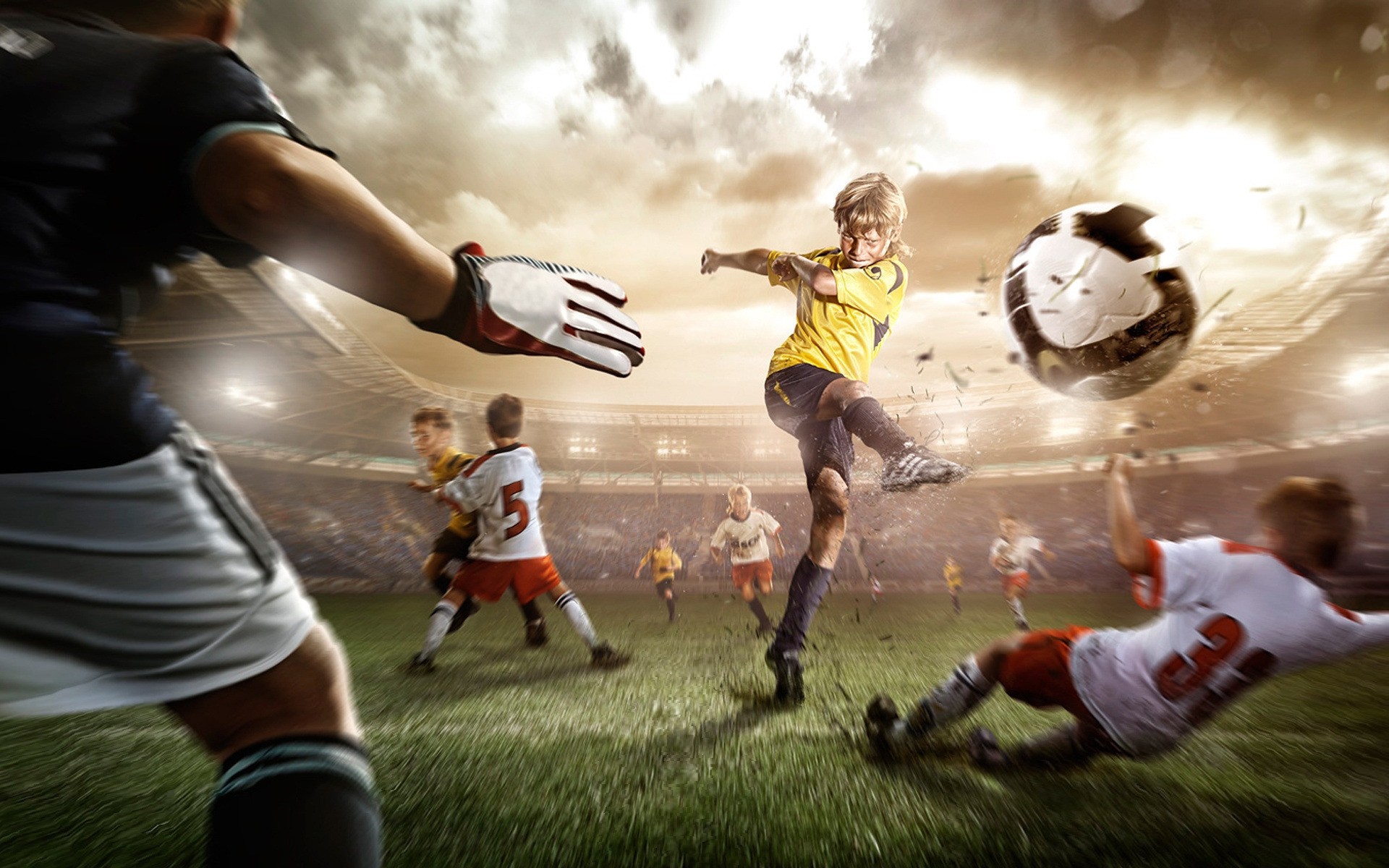 photo manipulation competition soccer ball football game athlete motion stadium adult soccer ball recreation uniform action goal man woman kids