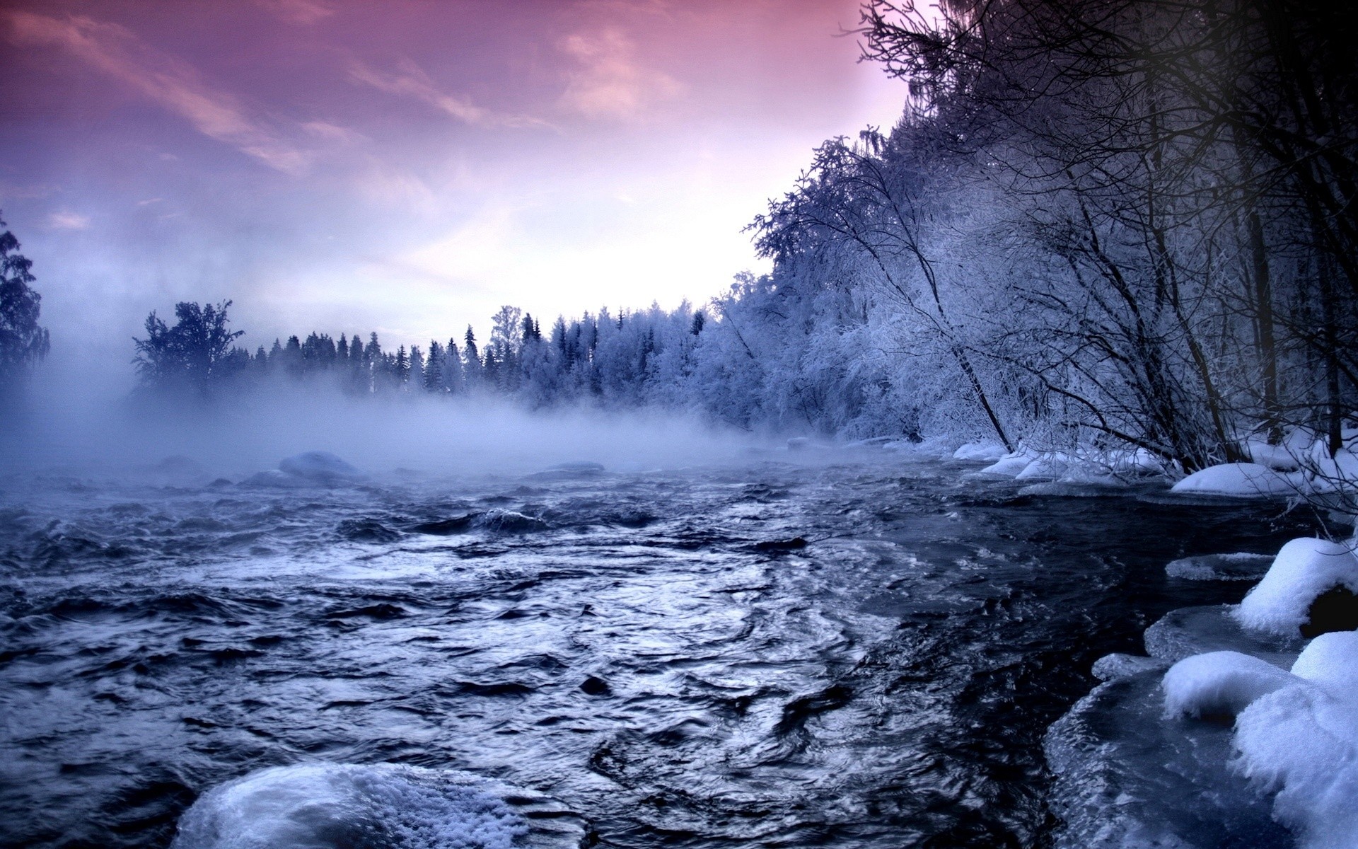 winter water landscape nature snow cold river outdoors mist fog