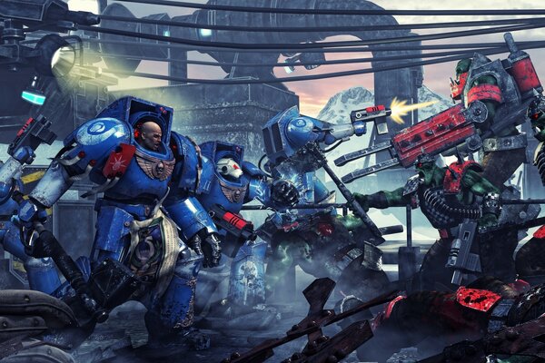 Humans and robots are fighting with weapons