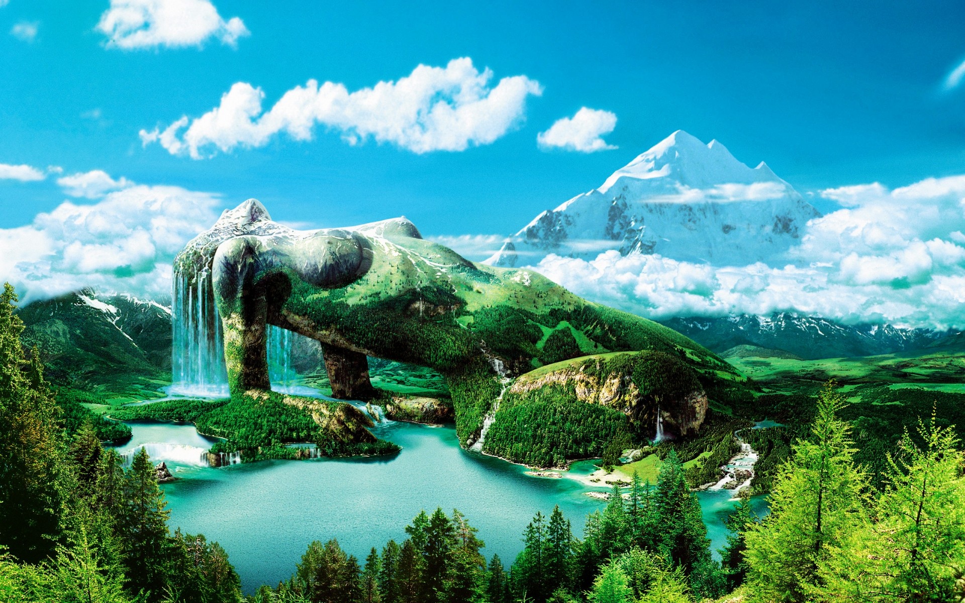 fantasy water travel nature outdoors landscape sky mountain lake summer scenic green trees mountains girl