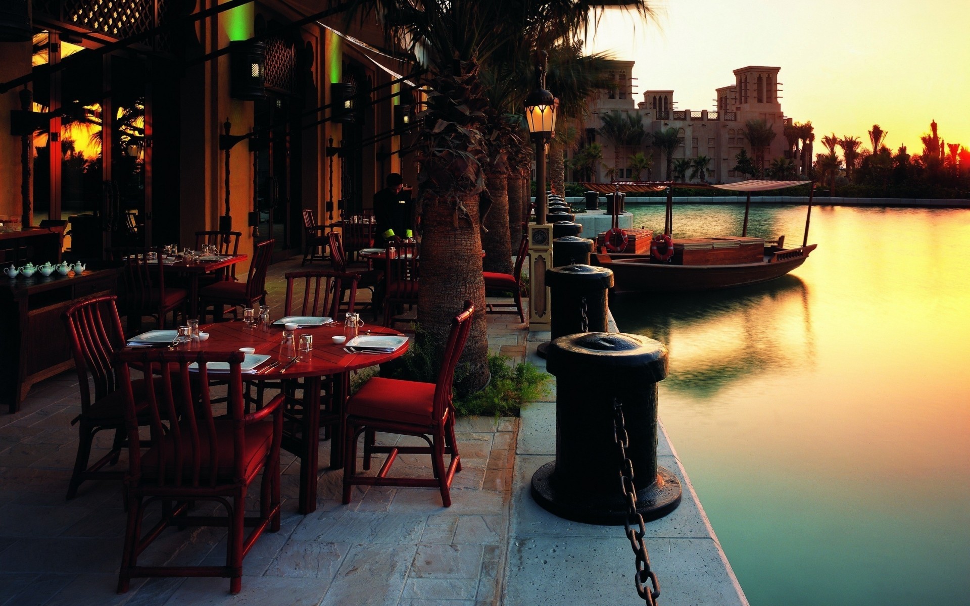 summer restaurant table travel bar hotel chair seat furniture water evening architecture lake river pub