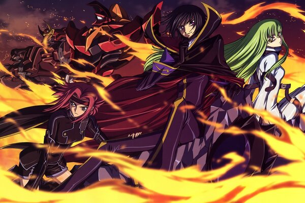 Anime characters boys and girls on fire