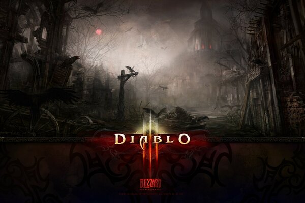 The name of the game Diablo on the background of architecture