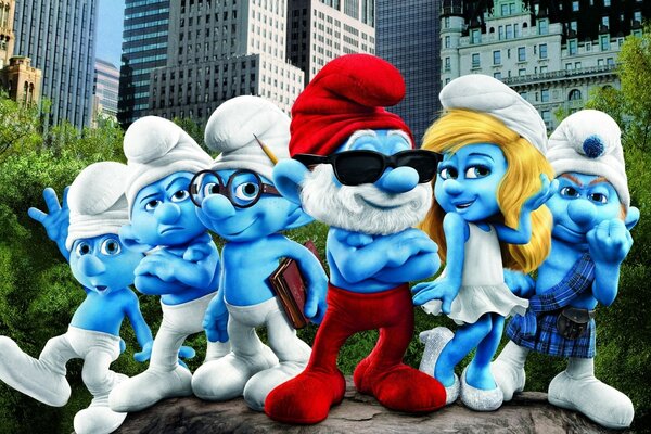Smurfs on the background of tall buildings