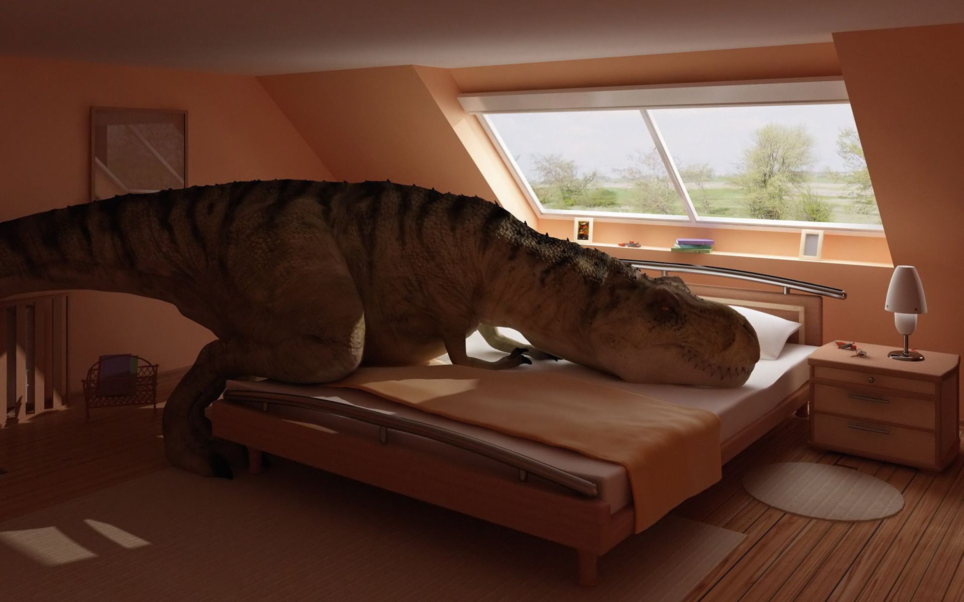 dinosaurs indoors room furniture window sofa seat travel light wood