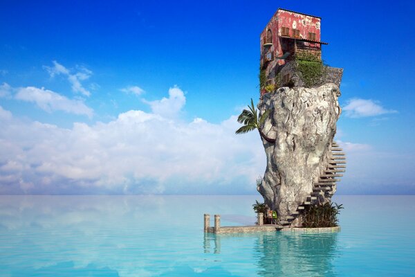 House on a cliff in the middle of the sea