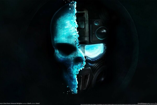 Illustration of a skull and helmet with a black background