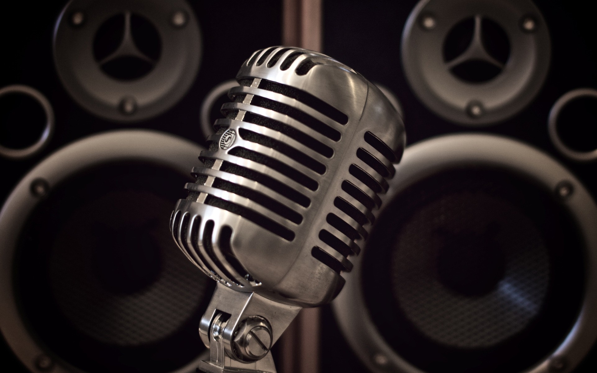 abstract sound equipment voice technology chrome speaker steel music classic electronics isolated microphone modern metallic sing mic old