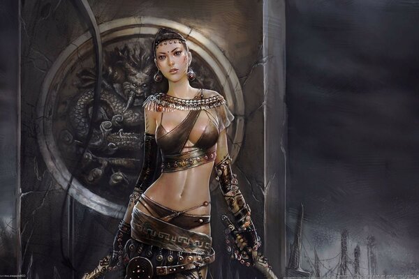 A seductive female warrior with swords in her hands