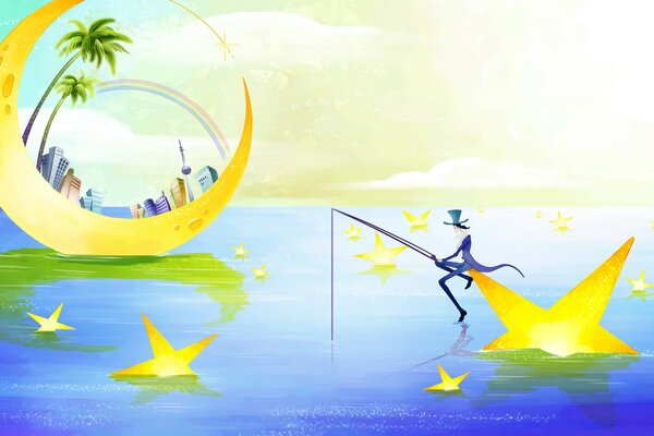 Illustration of a fisherman on the star of the sea