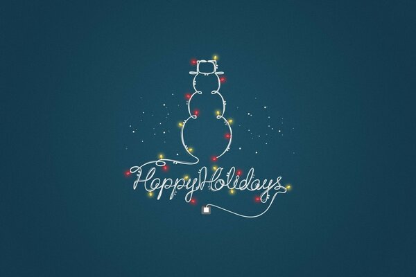 A snowman laid out of a garland with a glowing inscription happiness