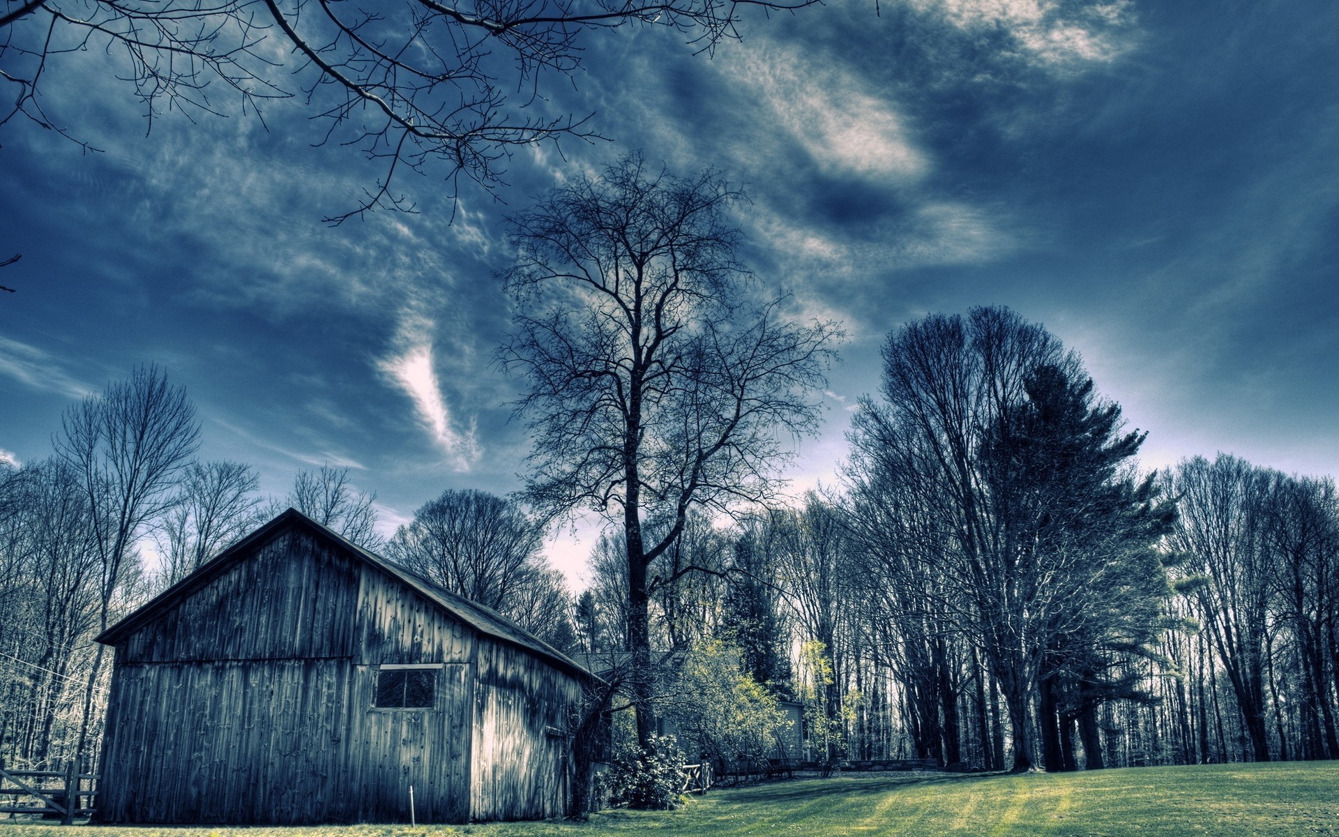 landscapes barn tree landscape wood rural nature house sky outdoors grass countryside farm fall light forest field