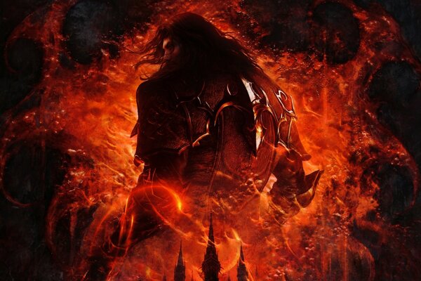 The hero of the game on a fiery background