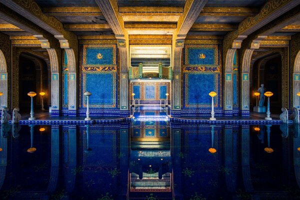 The architecture of the room and interior items in blue colors