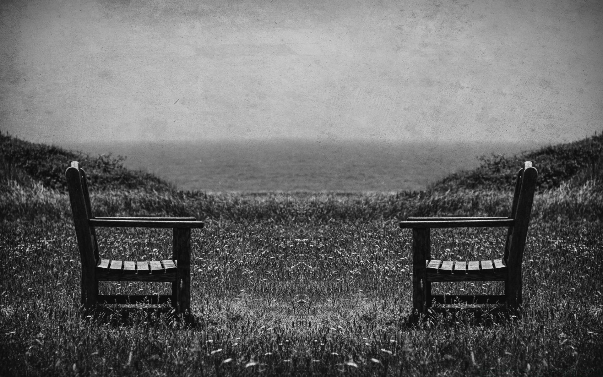 black and white monochrome bench seat wood landscape grass fence chair one vintage