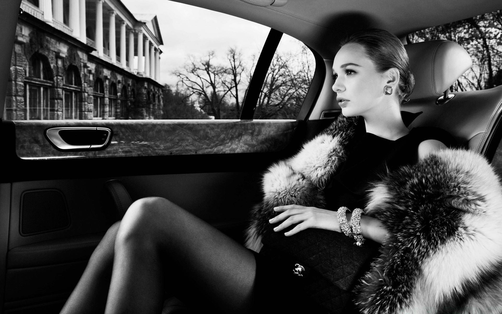 black and white street car woman portrait monochrome adult girl one outdoors fashion vehicle travel city model urban transportation system sexy
