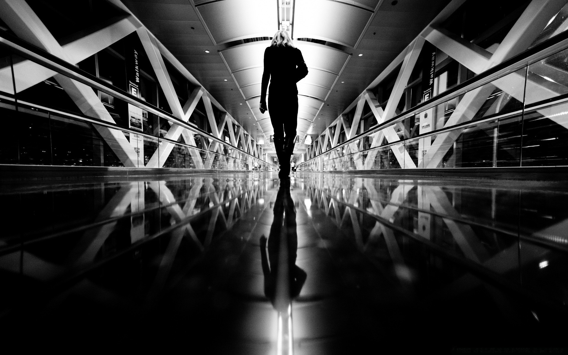 black and white monochrome airport tube city light reflection street blur abstract indoors urban mono architecture