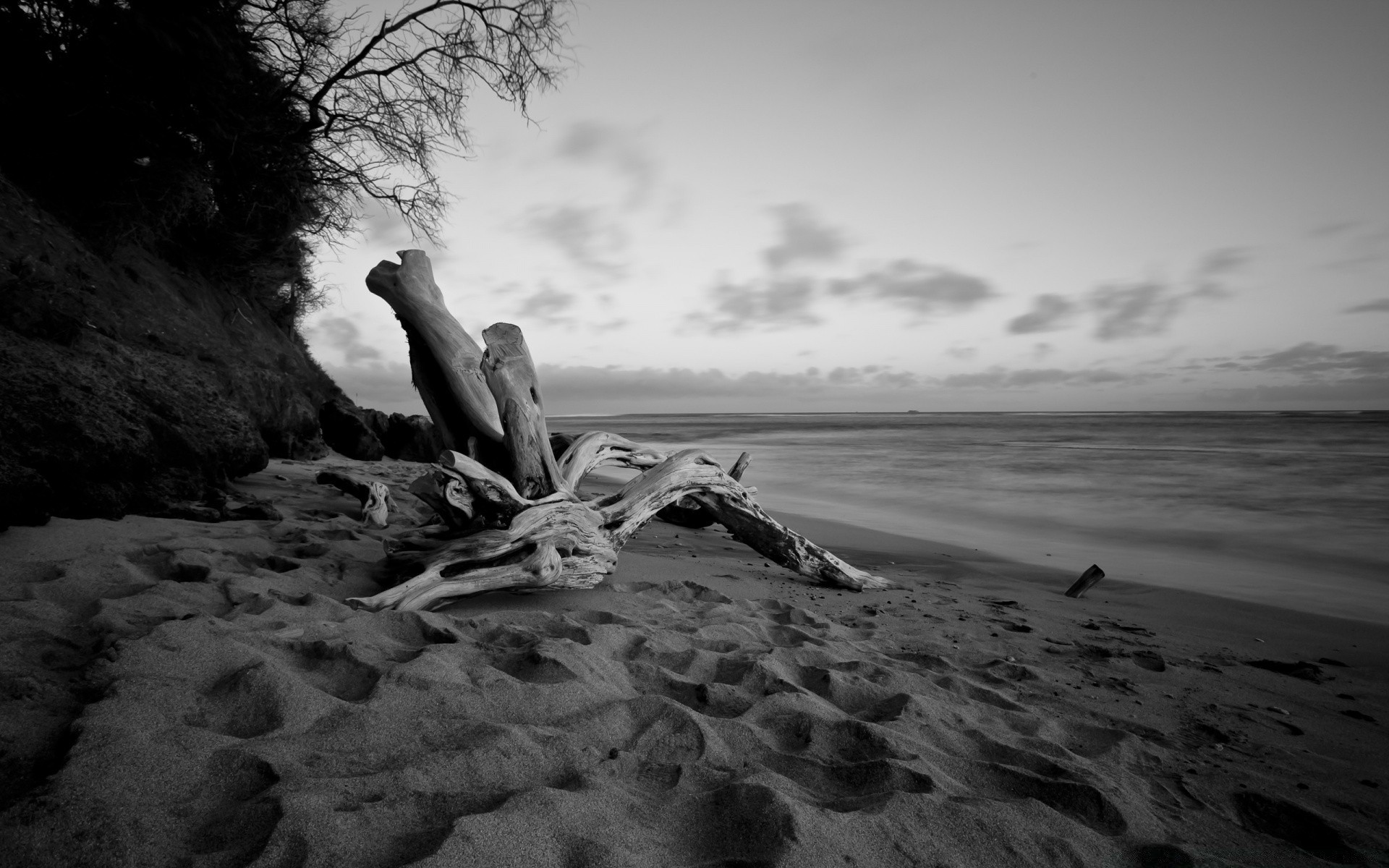 black and white beach water sea ocean seashore landscape monochrome sand sunset nature sun sky rock travel