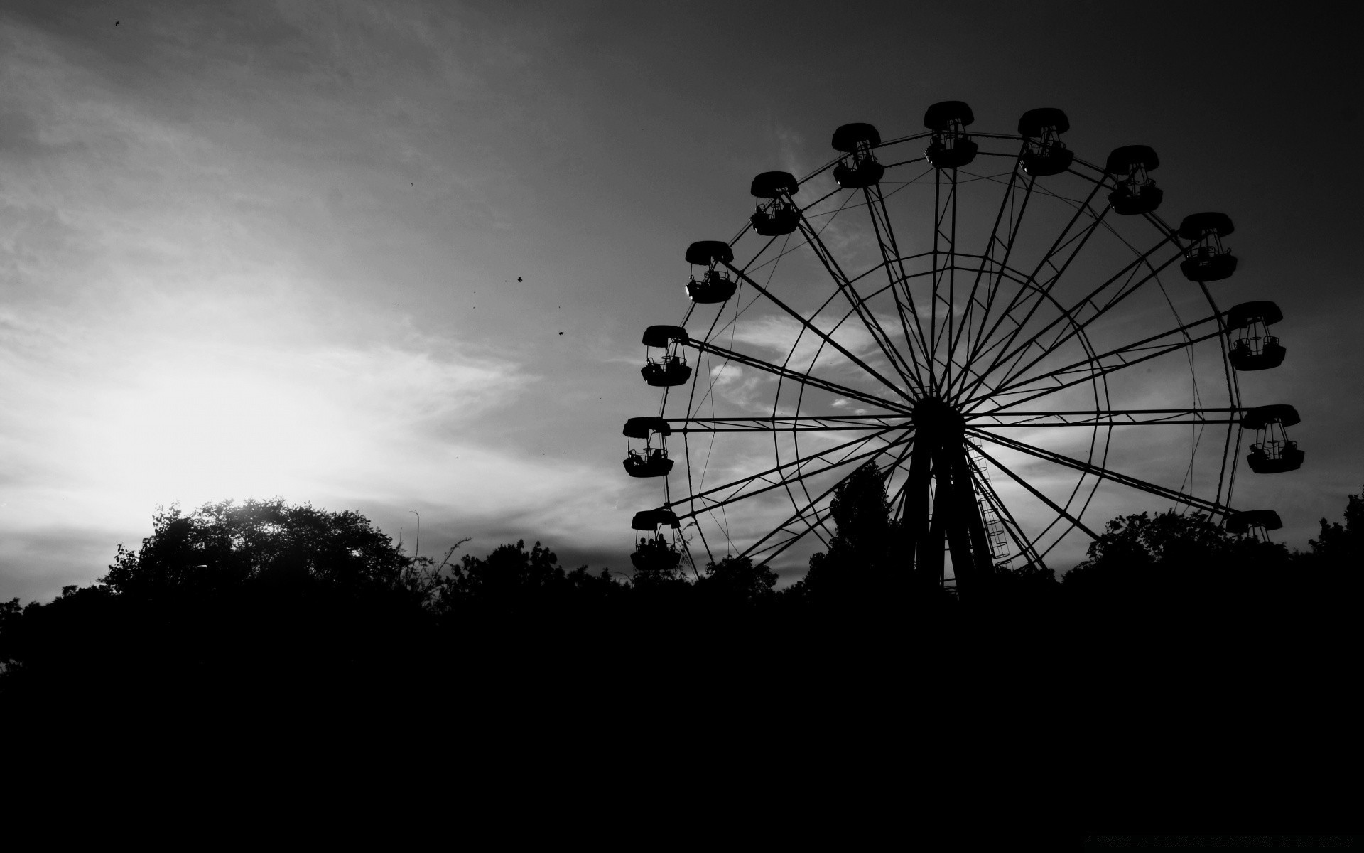 black and white silhouette sky wheel ferris wheel tree festival light carousel