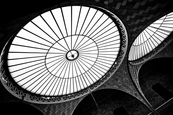 Black and white image of roof architecture
