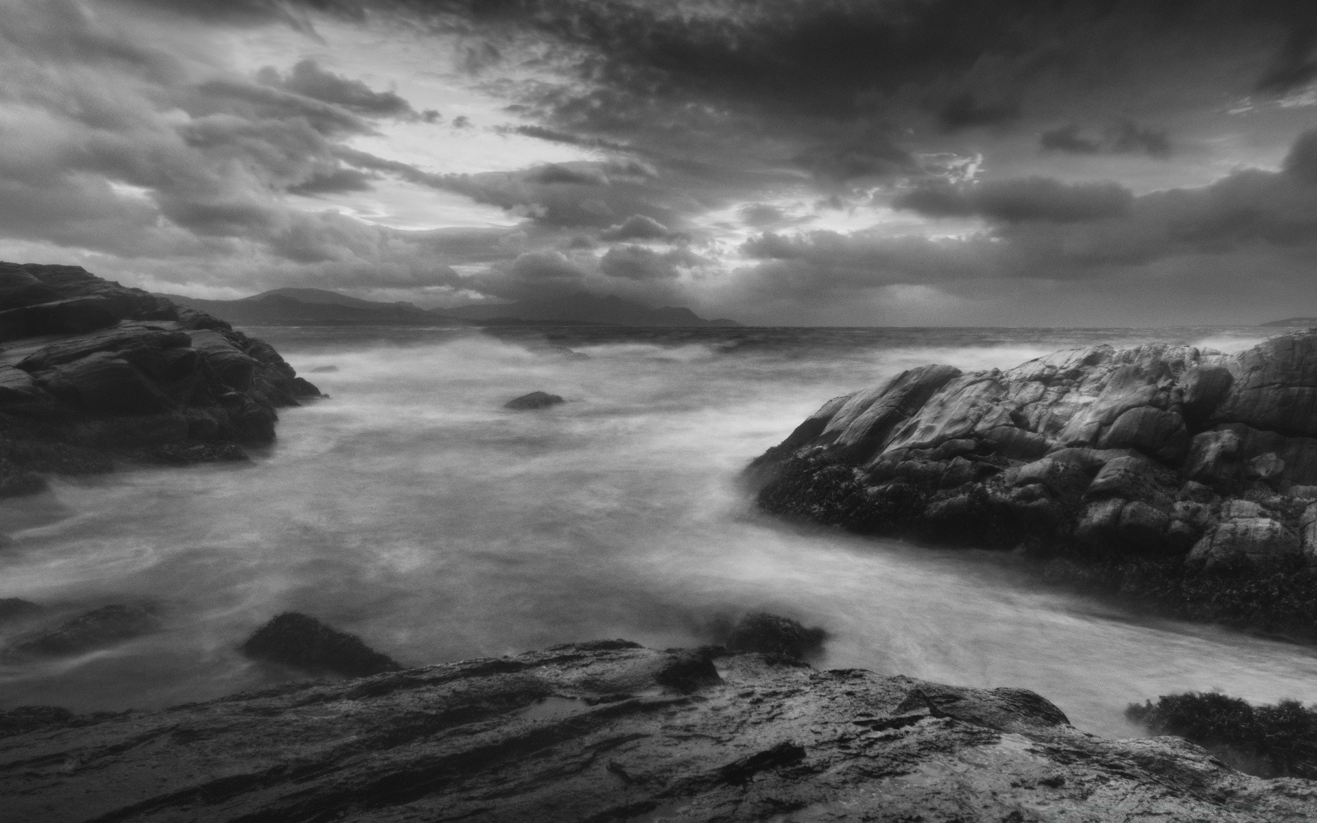 black and white water beach storm sea sunset ocean monochrome seascape landscape seashore sky surf dawn evening rock dramatic travel