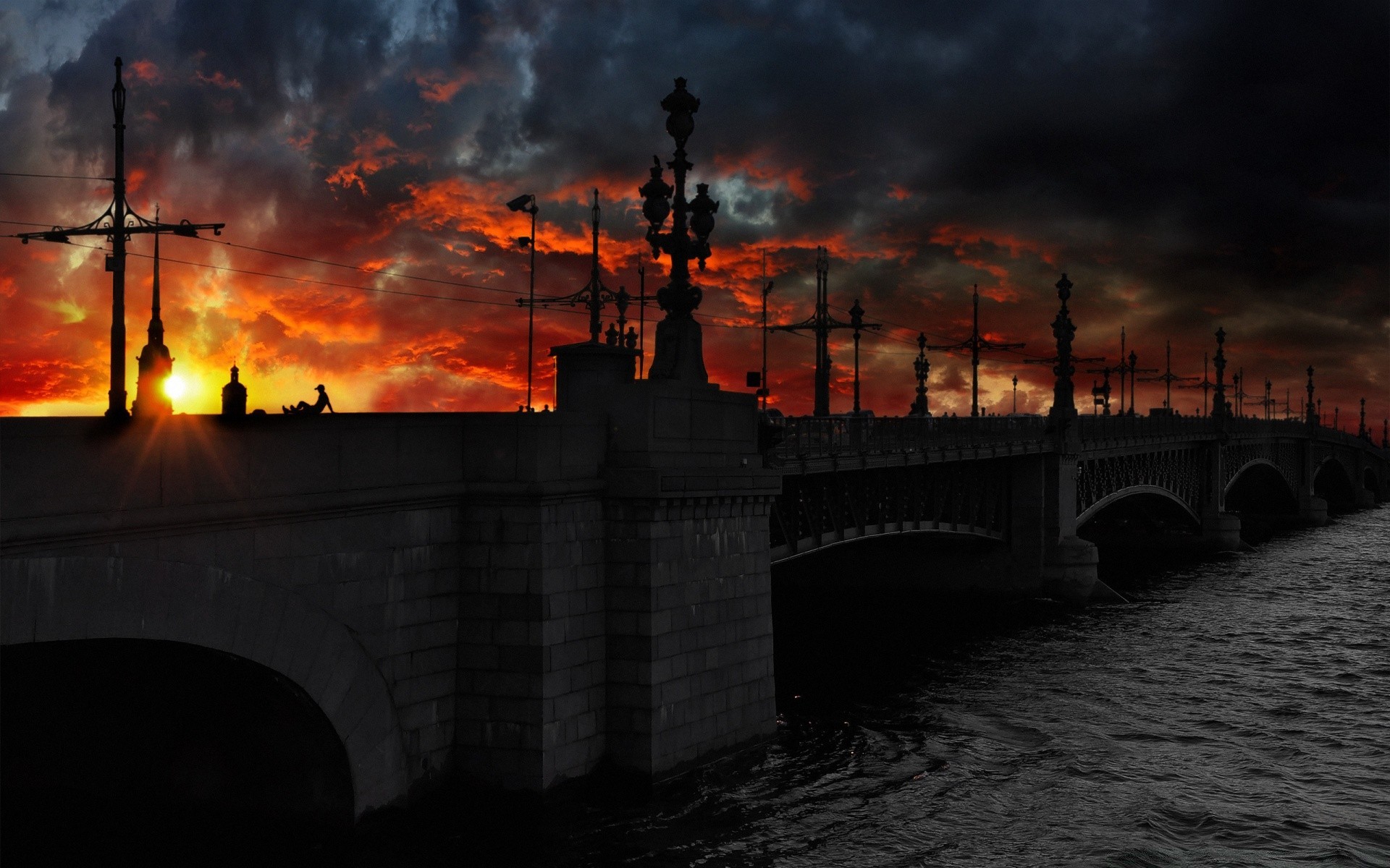 other city sunset bridge smoke silhouette city dawn sky flame tower river light evening water travel landscape