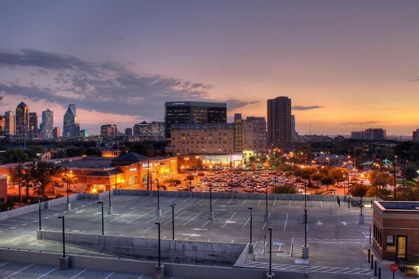 View of the city from above at sunset