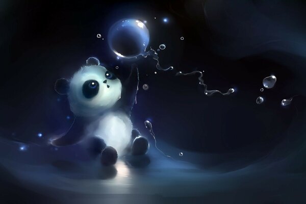 Panda bear is playing with glowing soap bubbles