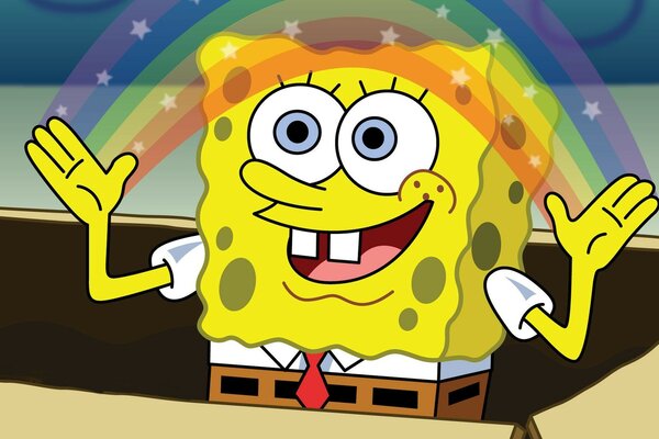 SpongeBob gets out of the box and makes a rainbow with his hands