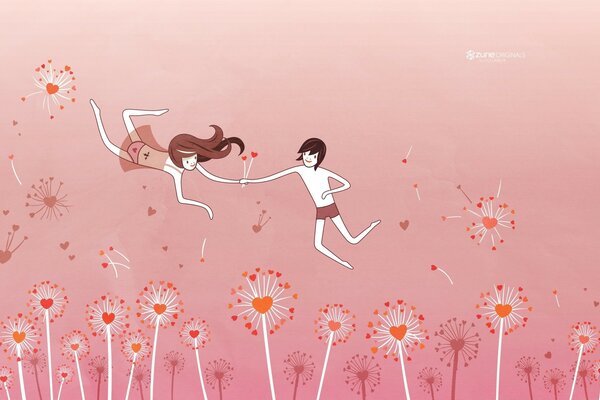 A boy and a girl catch a dandelion