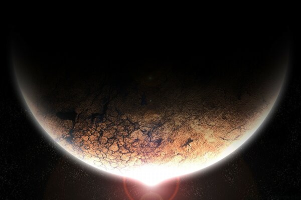 The illuminated part of the planet in the black galaxy