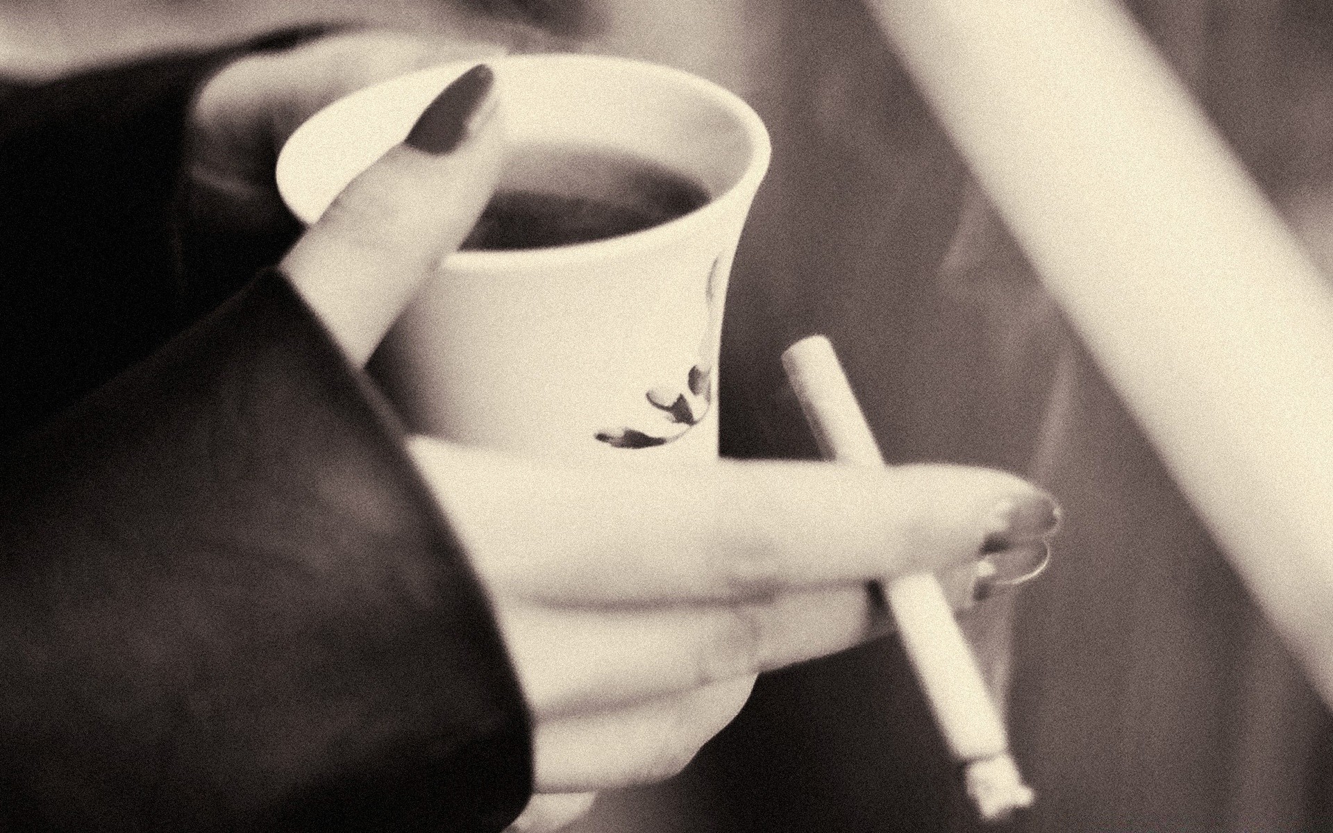 vintage monochrome coffee tobacco business woman smoke hand man cup filter one smoker stub adult dark