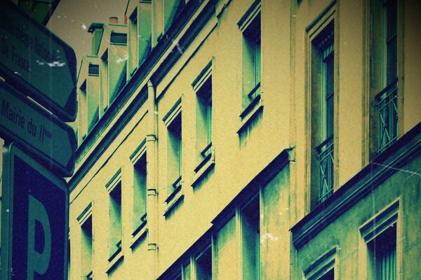 City house with windows, vintage piano