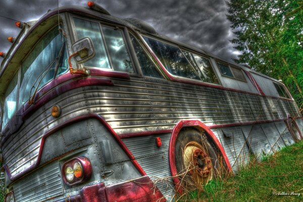 A post-apocalyptic style bus in the forest