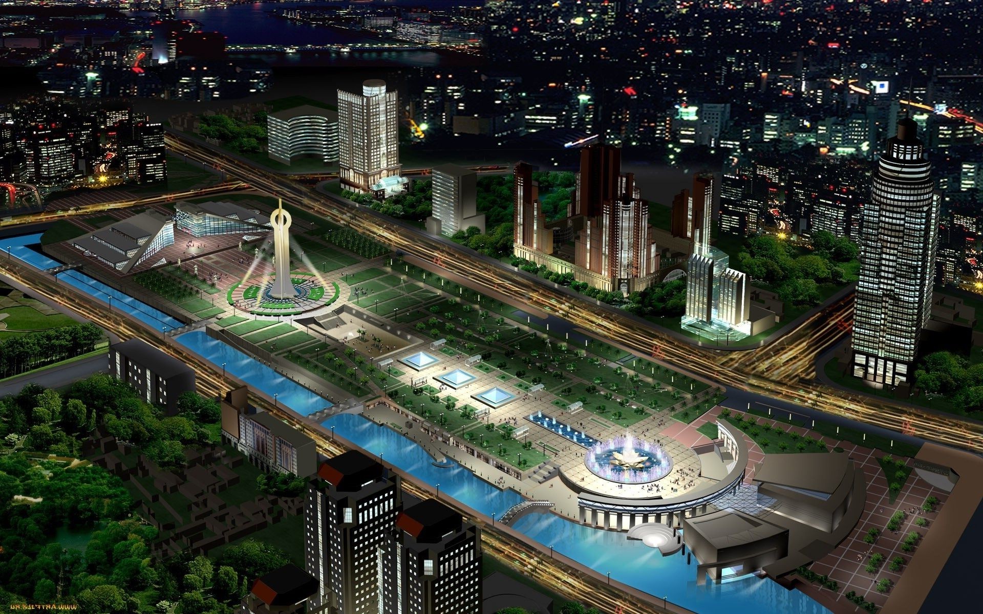 city road travel modern traffic transportation system urban architecture business dusk building cityscape skyscraper highway street evening skyline water