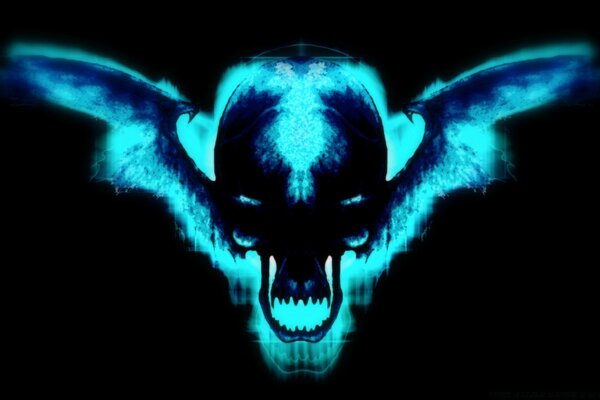 Art in the form of an X-ray of a skull with bat wings