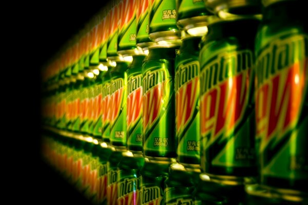 Mount dew drink on a black background