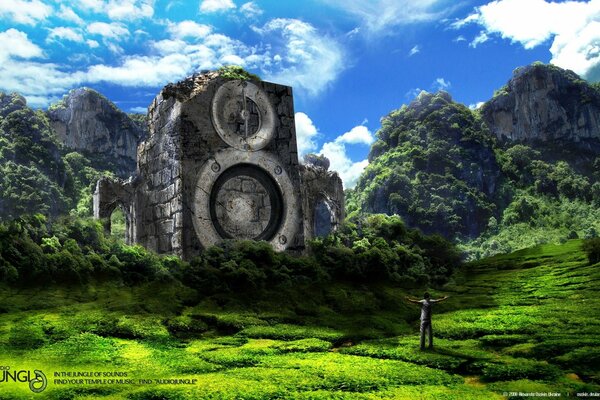 Creative landscape. A mountain in the form of a huge music column