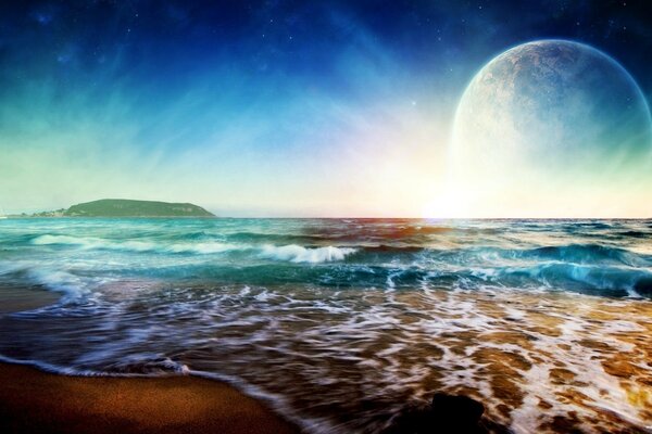 Tide on the sea with a bright sky background with an unknown planet