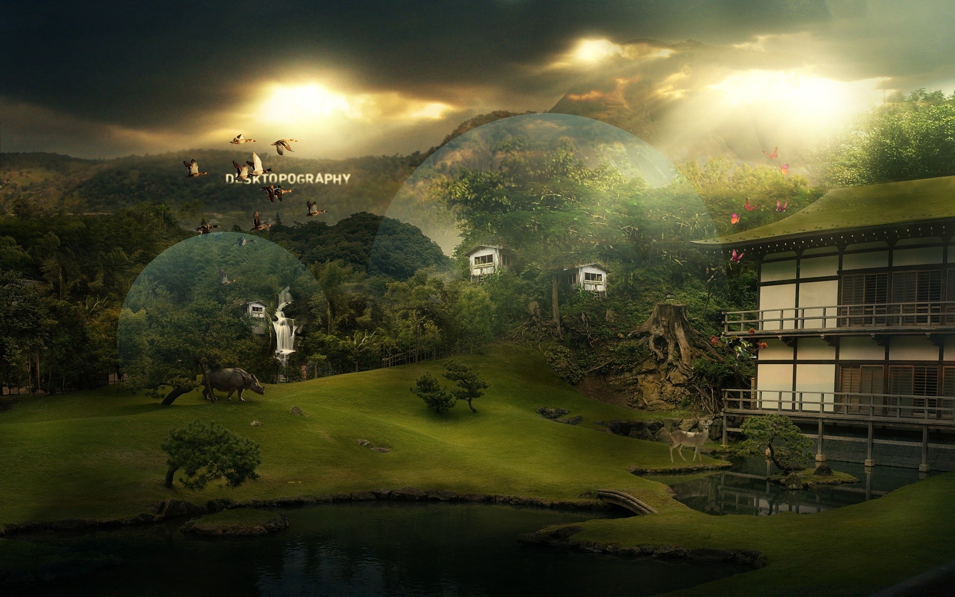 creative landscape water tree nature river travel outdoors dawn golf architecture house