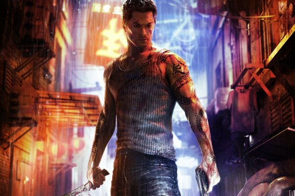 A man with a gun and a knife in Chinatown at night