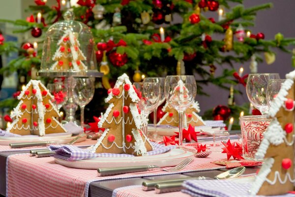 New Year s table setting with napkin gingerbread